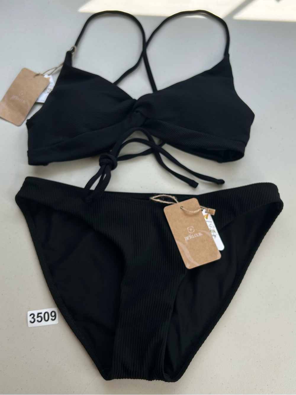 Berlook Bikini Set Medium Black Ribbed Backless Top Full Coverage Bottom New